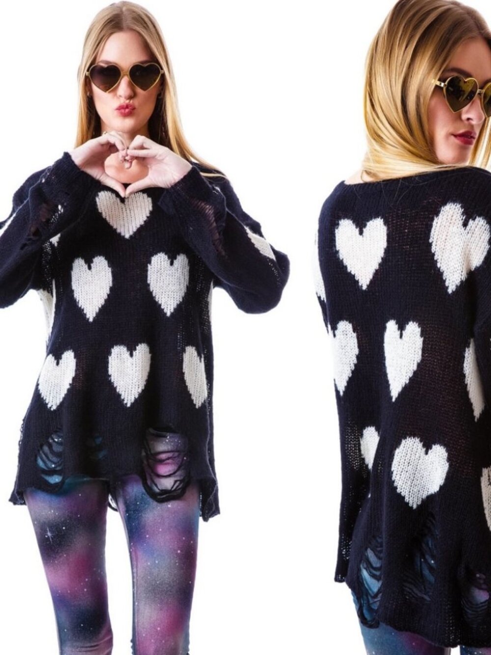 Wildfox Black White Hearts Print Lennon Distressed Sweater Pullover